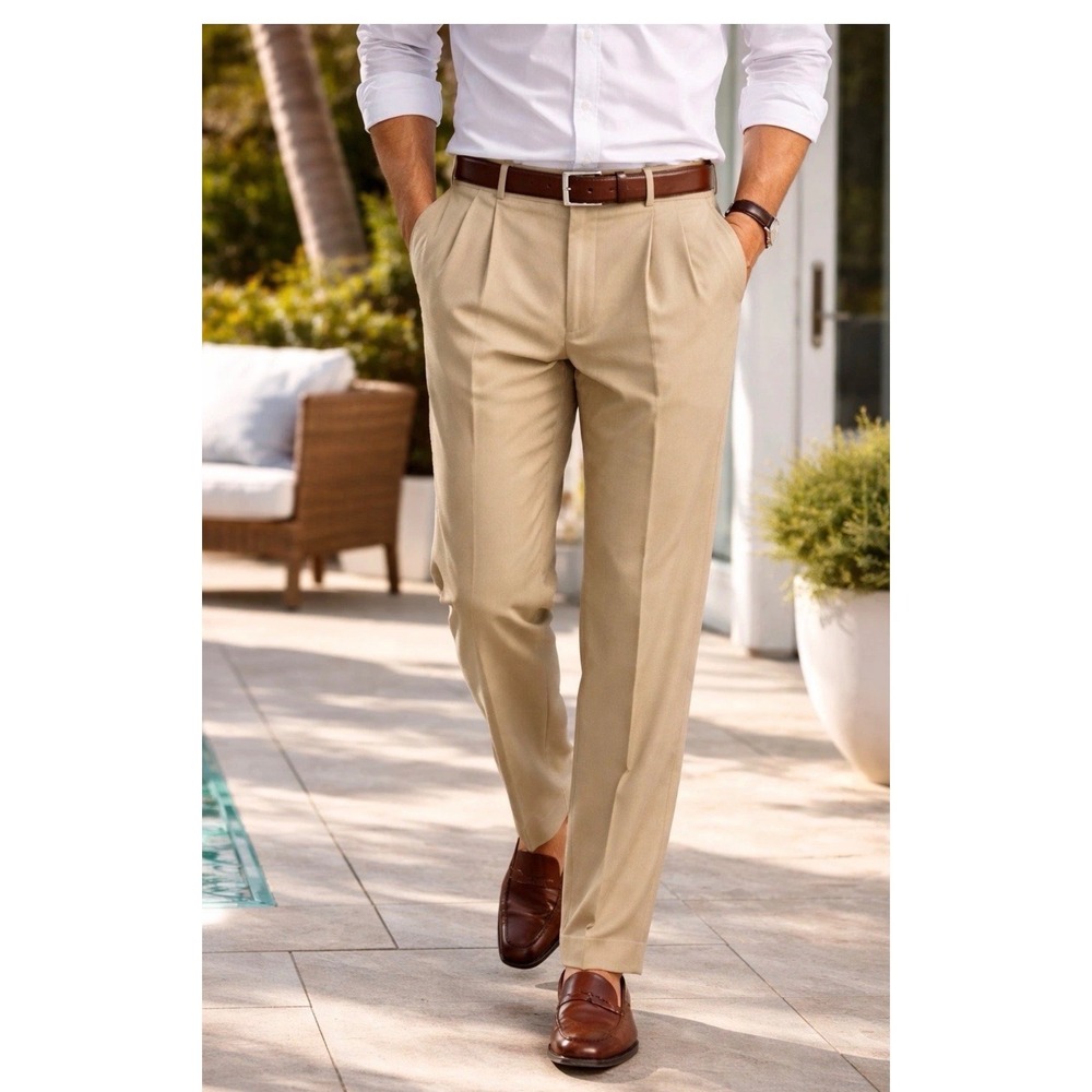 Tommy Bahama‎ Mens 38x30 Silk Bamboo Pleated Dress Pants Khaki Tan Herringbone